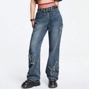 NWT Romwe Grunge Punk Star Pattern Straight Leg Boy Friend Jeans Size XL